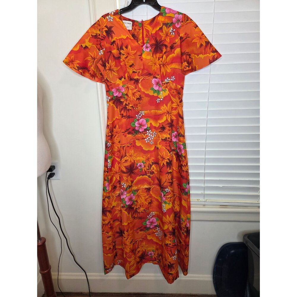 VTG Royal Hawaiian Mumu Dress Orange Floral Maxi Made In Hawaii Tropical